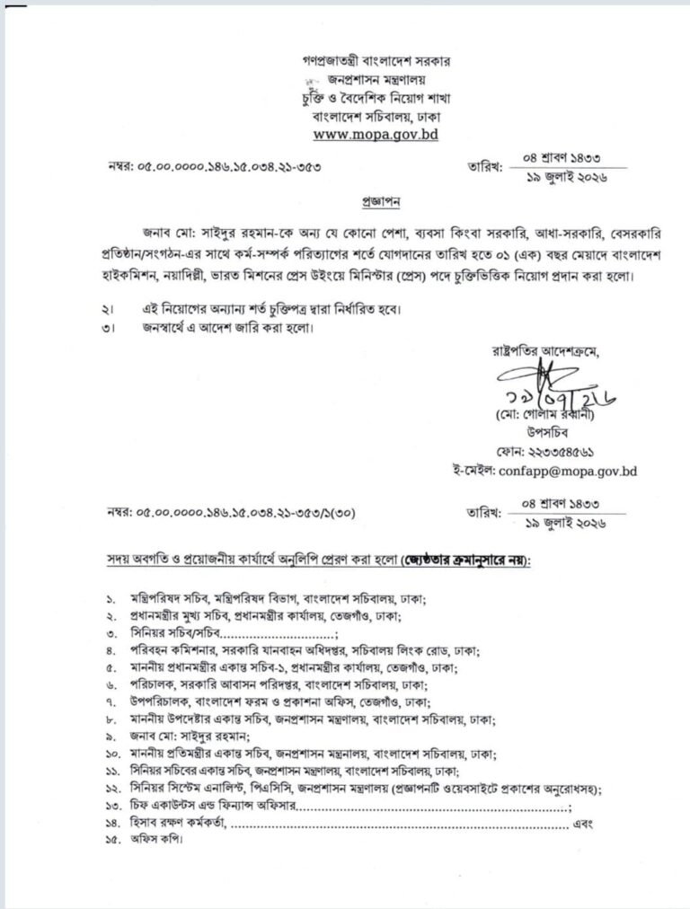 ভারতের বাংলাদেশ হাইকমিশনে ‘মিনিস্টার (প্রেস)’ পদে সাইফুর রহমানের চুক্তিভিত্তিক নিয়োগ
